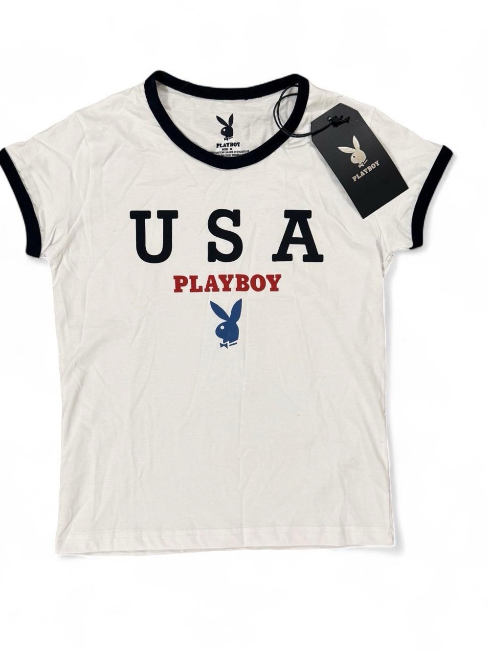 NWT Playboy USA White Cotton T-Shirt Black Trim Blue Red Logo Women’s Size M